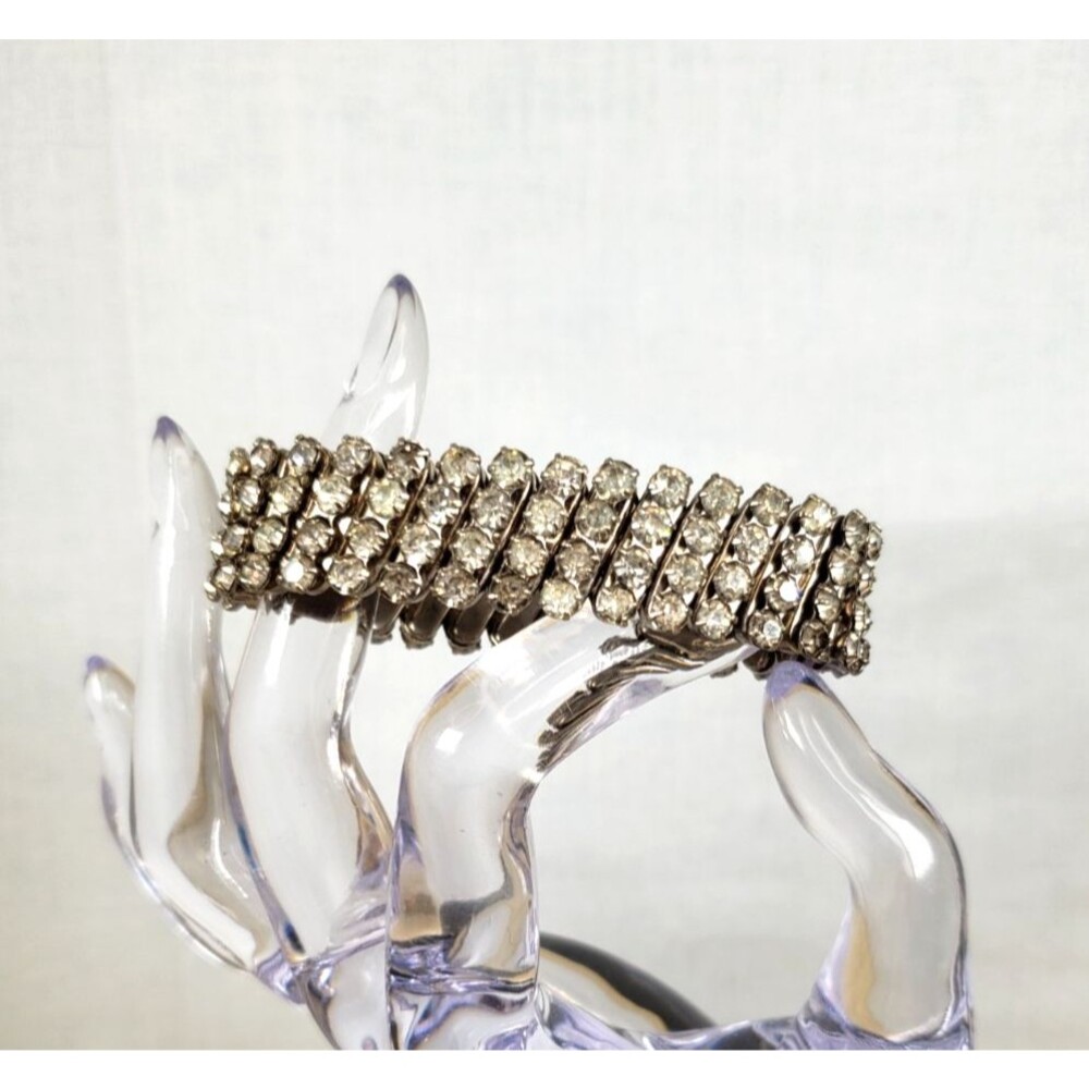 Vtg 1950s 4 Row Rhinestone Silver Tone Signed Made in Japan Stretch 6.5 Bracelet